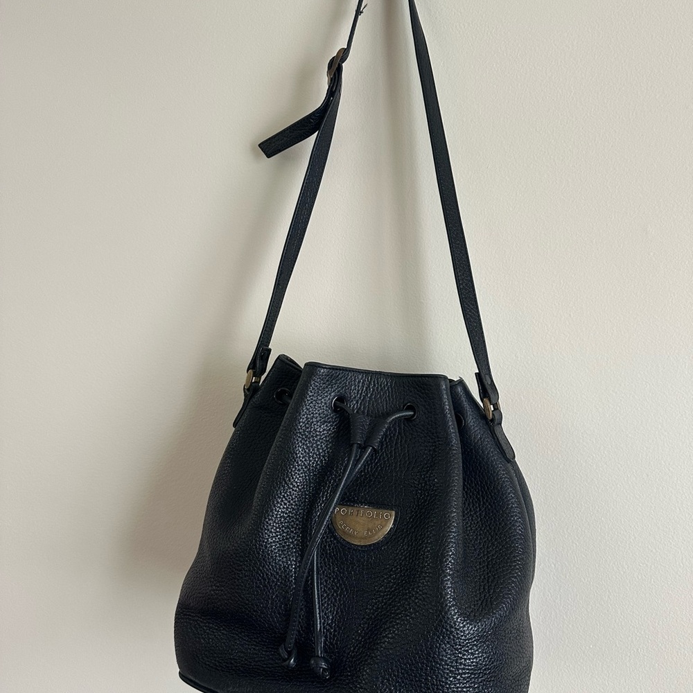 Black Leather Drawstring Bucket Bag - Perry Ellis